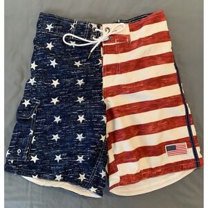 EXIST SWIM Swim Board Trunk Shorts Men's Small Red White Blue Mesh Lined Cargo